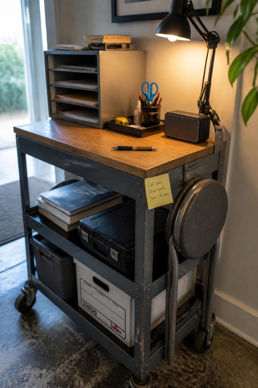 A rolling metal and wood cart used as a desk, with storage bins and boxes on lower shelves and office supplies on the top surface.