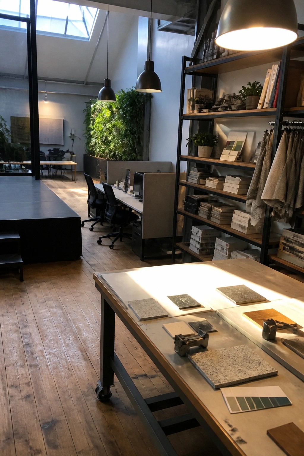 An office interior featuring a large central table displaying material samples including tiles and fabric swatches, with workstations, open shelving, and a living wall visible in the background.