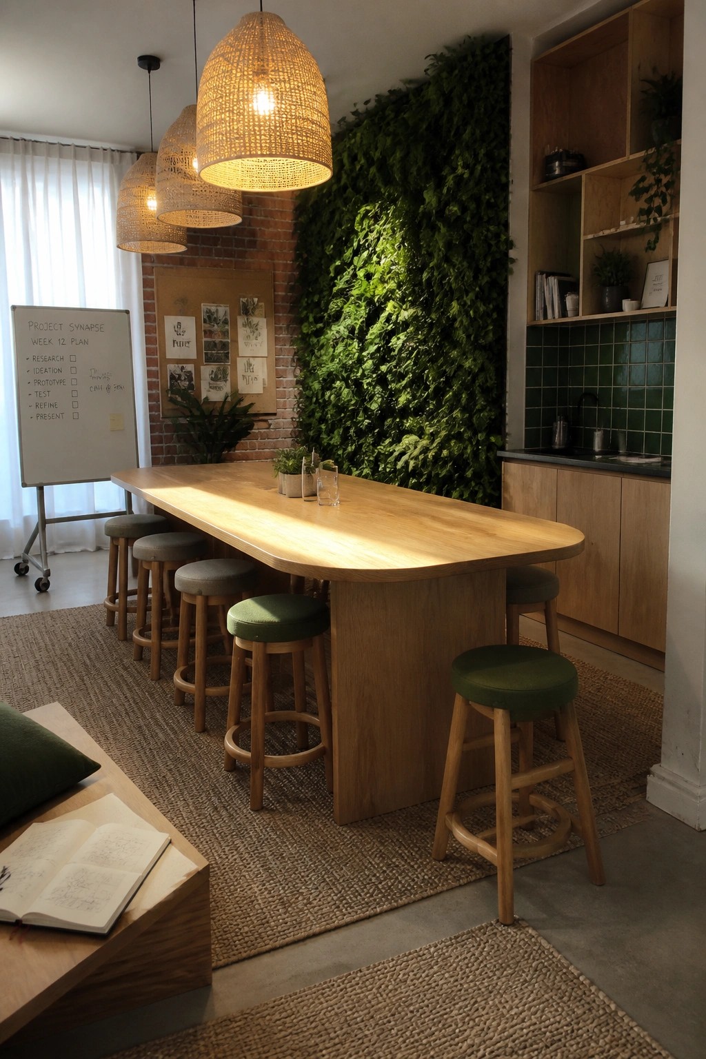 A long wooden table with stools around it in an office space that includes a green living wall, woven pendant lights, and a whiteboard on the left.