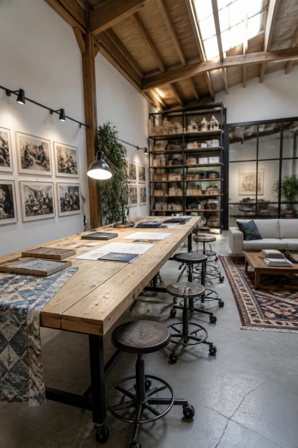 A long wooden table with wheeled stools in a bright studio space, surrounded by framed art on the walls and metal shelving in the background.
