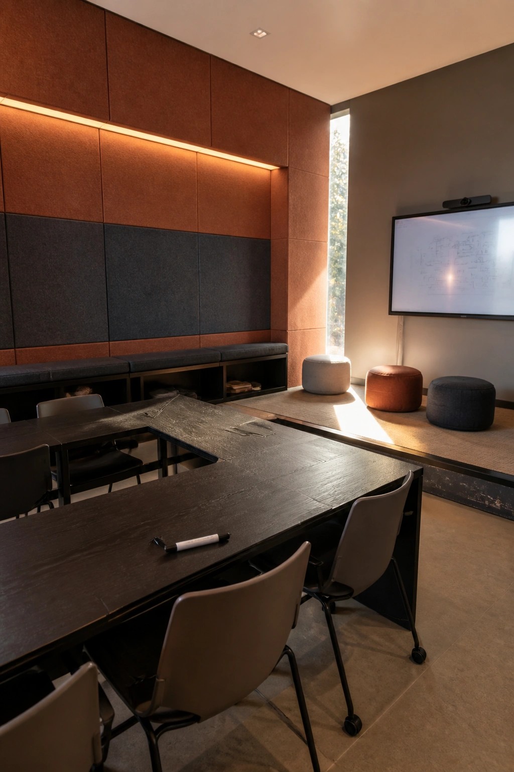 A modern office meeting room featuring a long dark wood table with gray chairs, built-in bench seating with storage cubbies along a wall covered in orange and gray acoustic panels, and a large presentation screen on the right wall.
