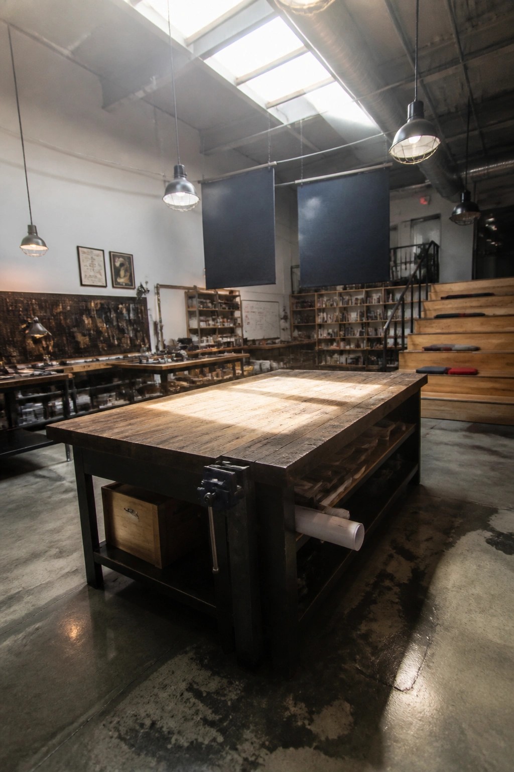 A large wooden work table with built-in storage and a vise sits in the center of an industrial-style studio space with shelves, hanging lights, and a skylight overhead.