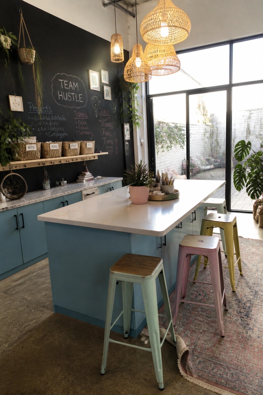 An office interior featuring a large black chalkboard wall with sections for projects and ideas, a white island table, colorful metal stools, woven pendant lights, and blue lower cabinets.