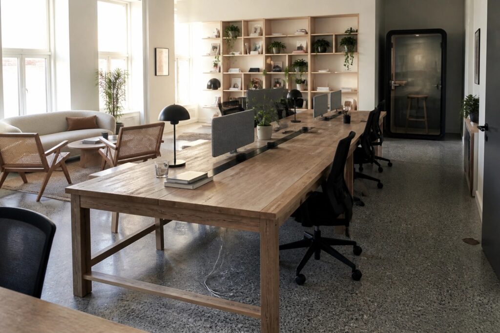 20 Creative Office Interior Design Concepts for Collaborative Teams A modern office interior with a long wooden communal table, black office chairs, a laptop, desk lamps, and a background wall of wooden shelves filled with books and plants plus a white sofa area.