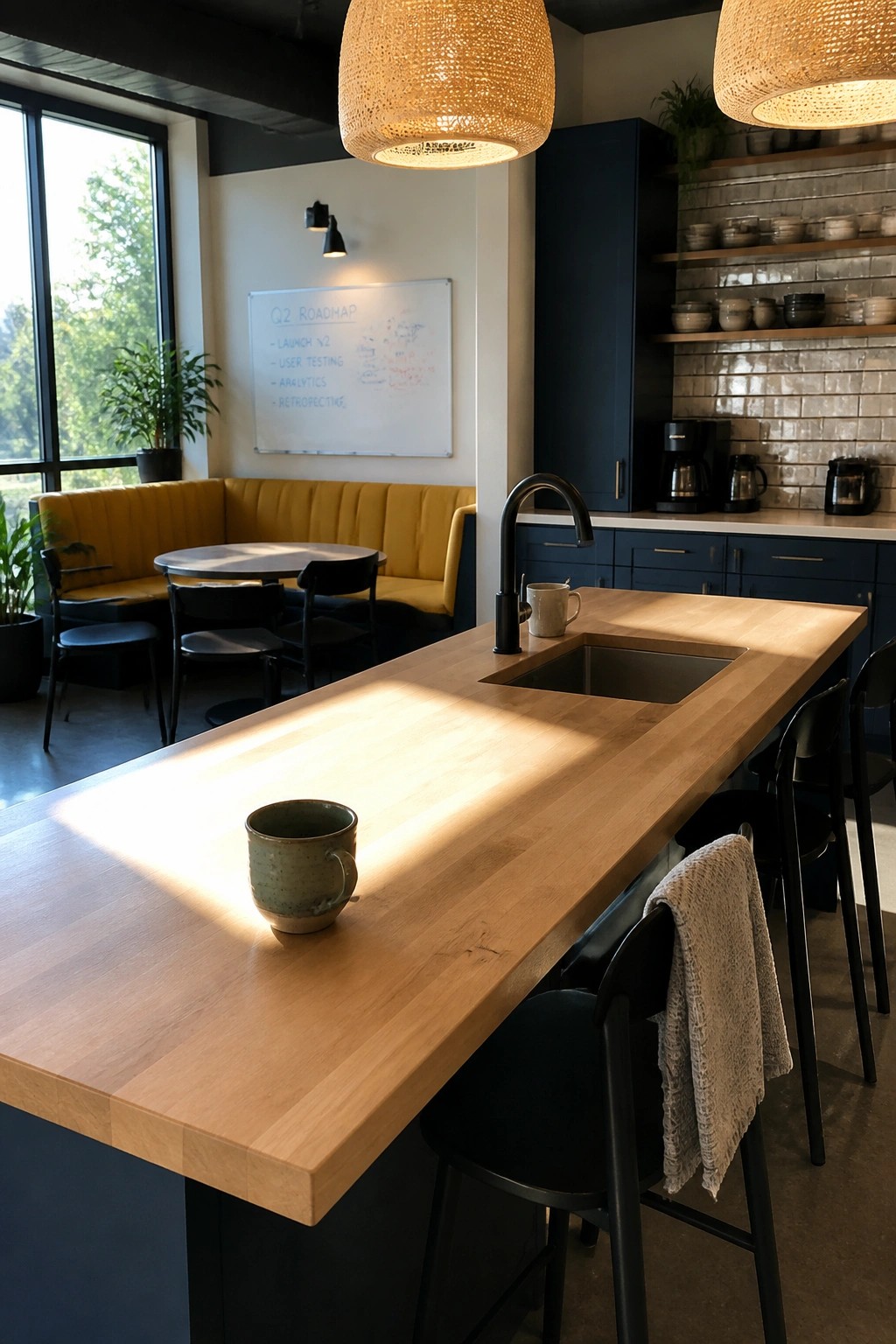 A bright office kitchen with a long wooden island, black bar stools, a sink, and a whiteboard showing a Q2 roadmap on the wall behind it.