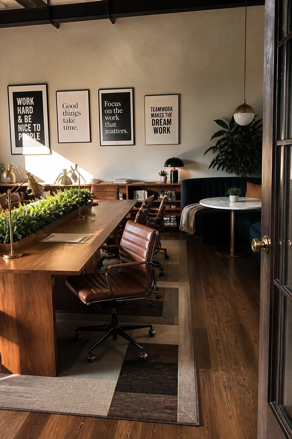 A modern office with a long wooden desk, multiple brown leather office chairs, framed motivational posters on a beige wall, and a blue sofa seating area with a round marble table.