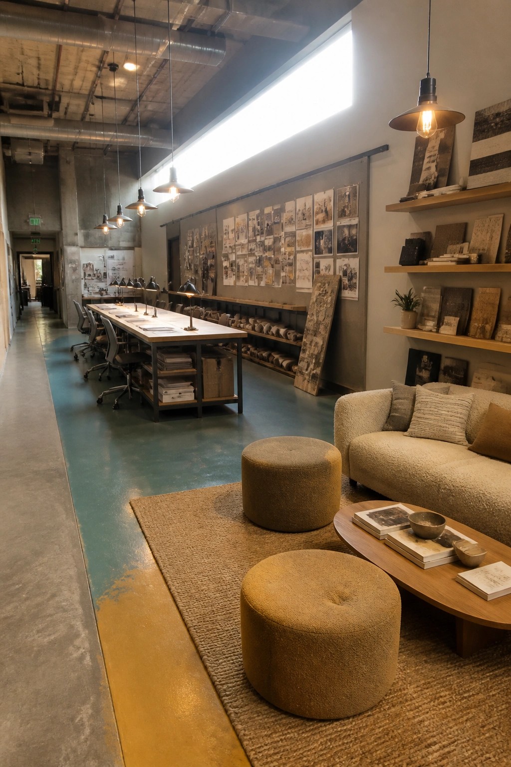 An open industrial office interior with a long wooden work table, office chairs, pendant lights, a wall display of sketches and photos, and a lounge area with a sofa and round ottomans on a rug.