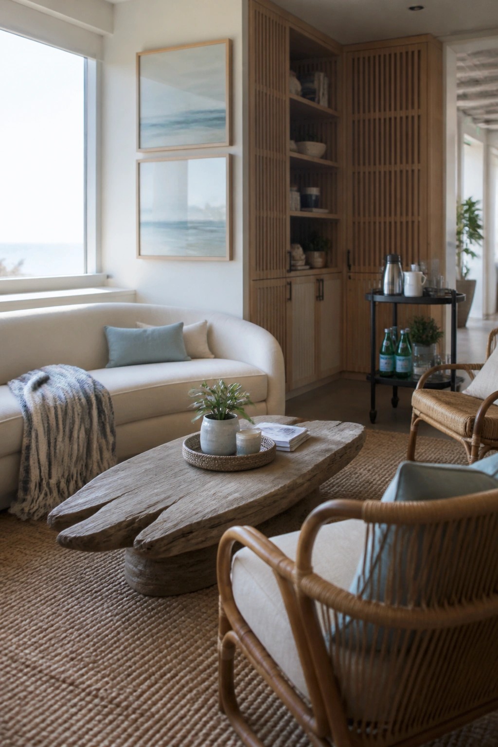 Coastal living room with curved white sofa, driftwood table, wicker chairs, and ocean view.