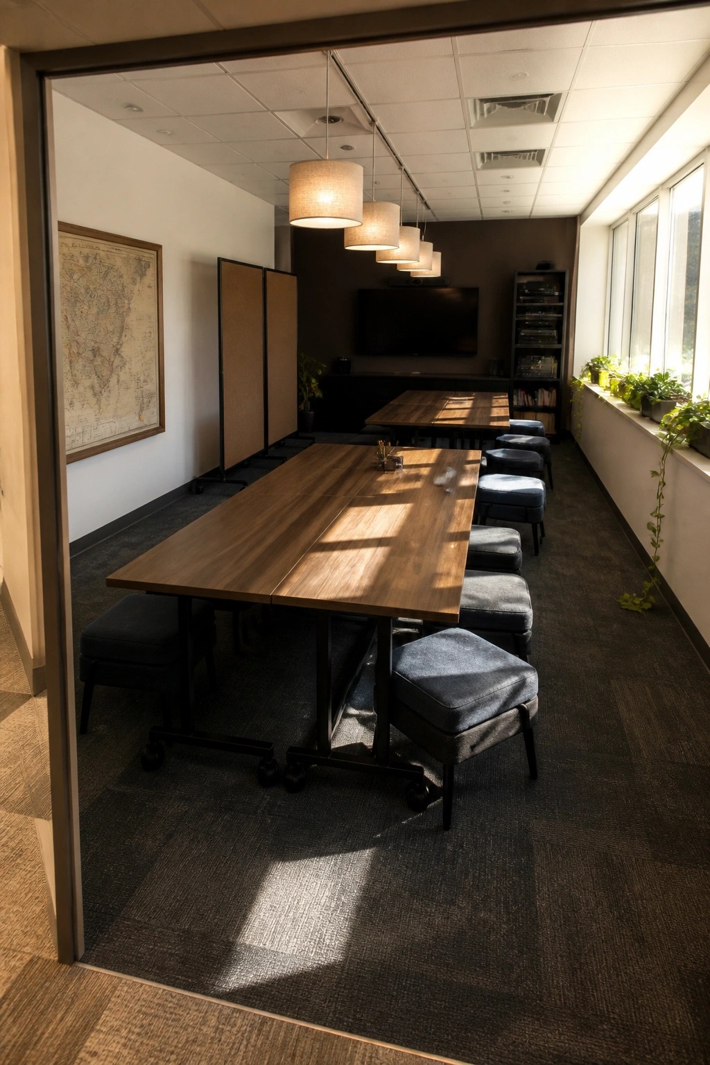 A long office meeting room viewed through a doorway, featuring wooden tables on black wheeled bases, blue upholstered stools, pendant lights, and a wall-mounted television.