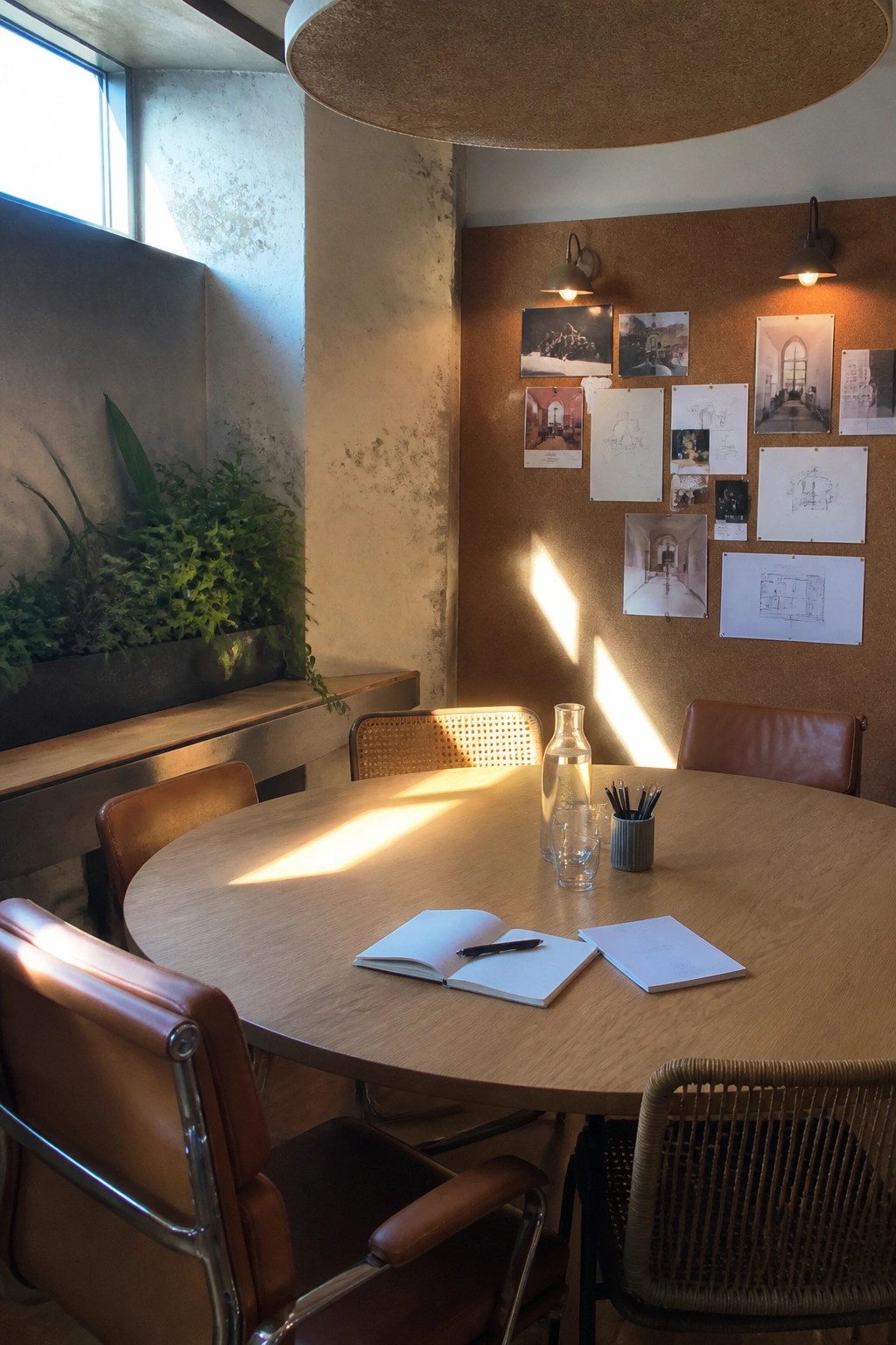A round wooden table with an open notebook and water carafe sits in a room with mixed chairs and a large corkboard covered in pinned architectural drawings and photos.
