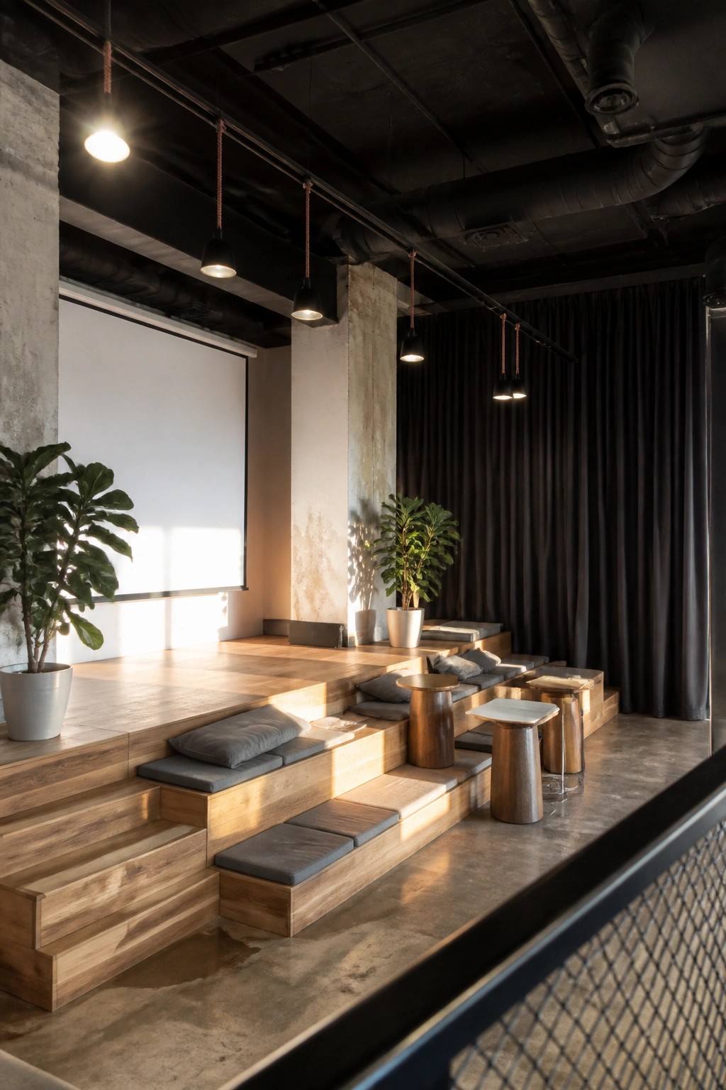 An interior view of a modern office space featuring multi-level wooden platforms with gray cushions, potted plants, hanging pendant lights, and a large projection screen on the left wall.