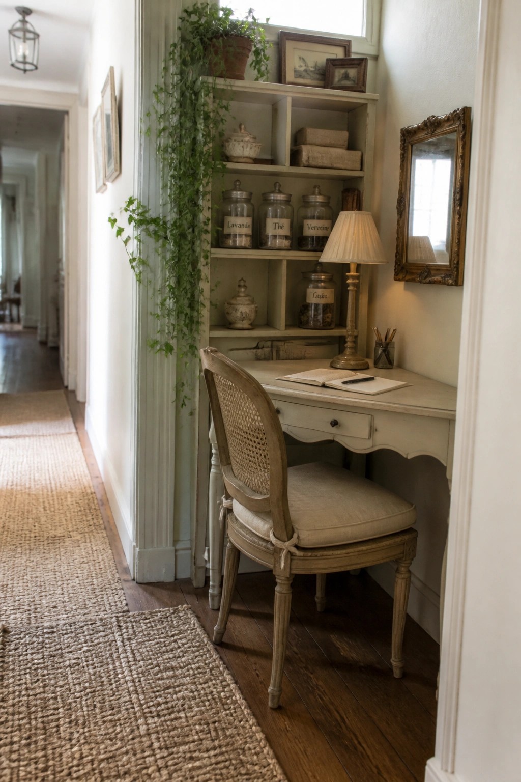 A narrow desk with a cushioned cane-back chair sits beneath white open shelving holding glass jars, books, and plants in a light interior corner.