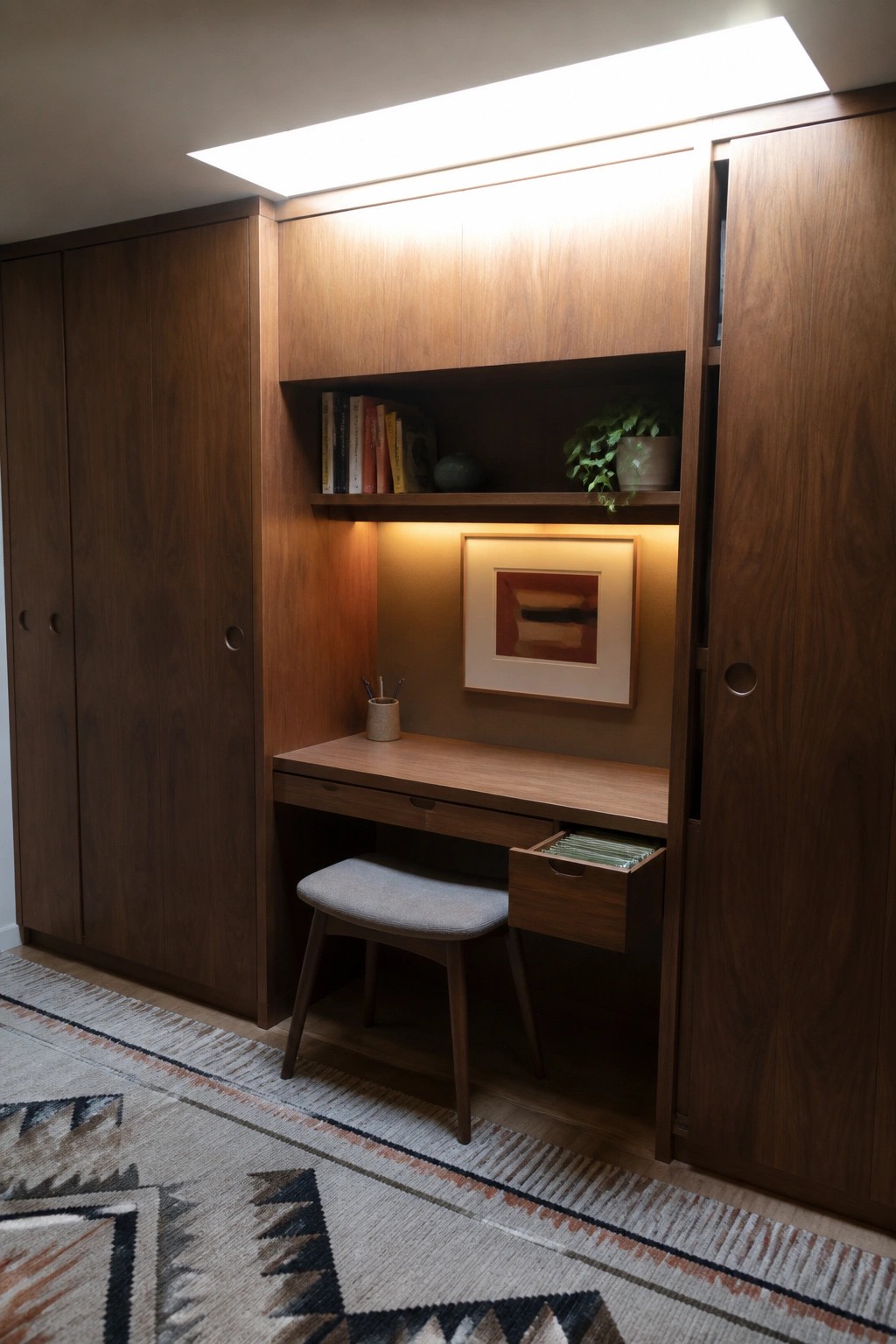 A built-in wooden desk with open drawers and overhead shelves is set between tall matching cabinets above a patterned rug.
