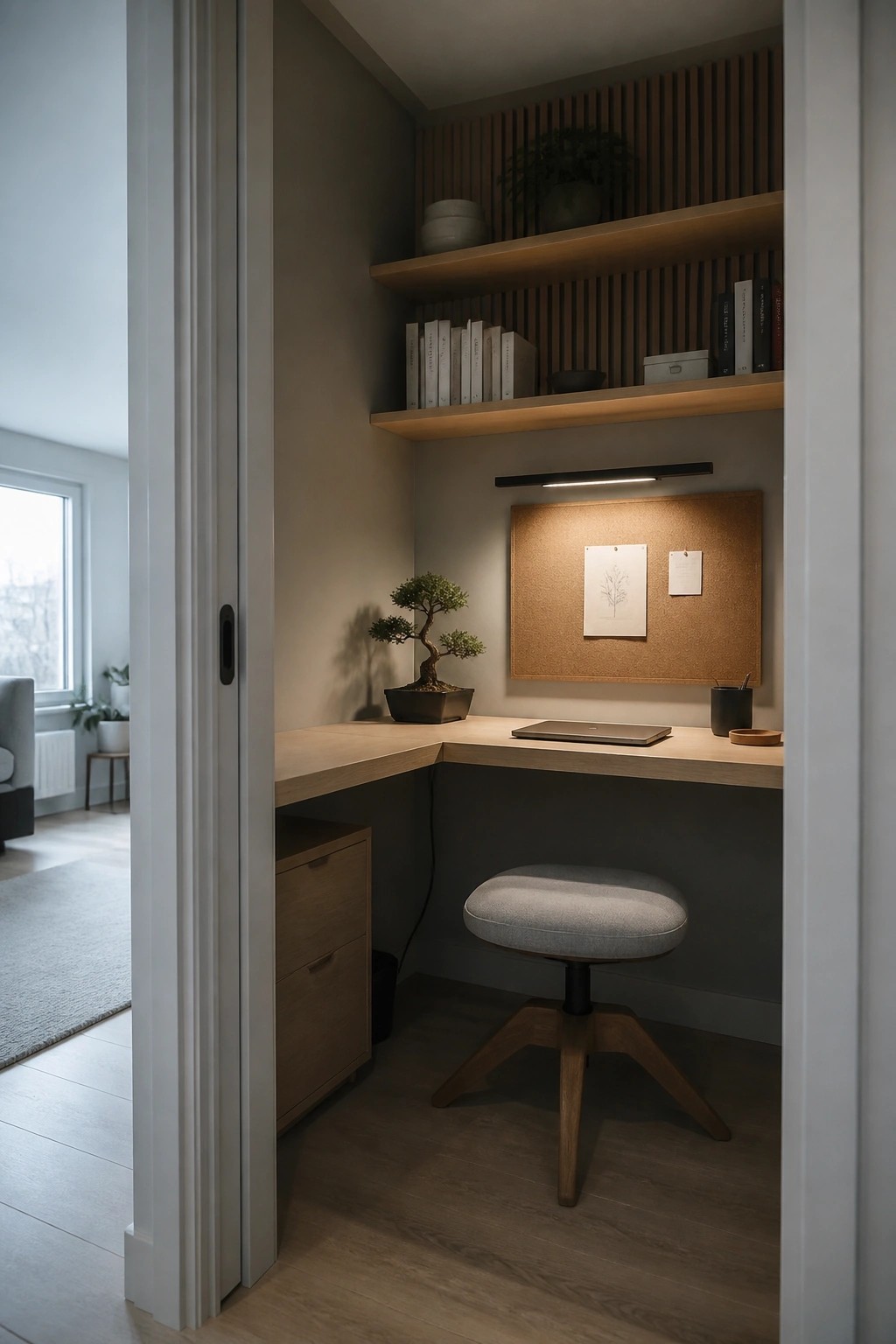 A compact home office nook with an L-shaped desk, stool, overhead shelves, and corkboard set inside a recessed alcove viewed through an open doorway.