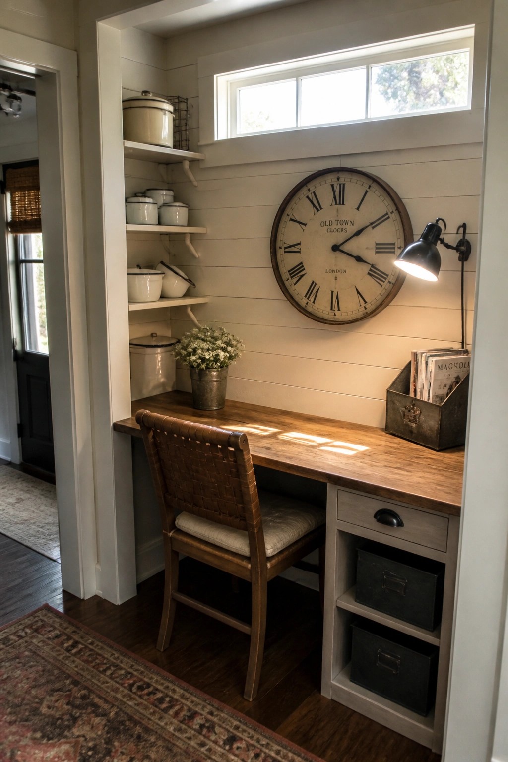 A small wooden desk is built into a white alcove with open shelves holding enamelware, a woven chair at the desk, a large wall clock, and a window above.