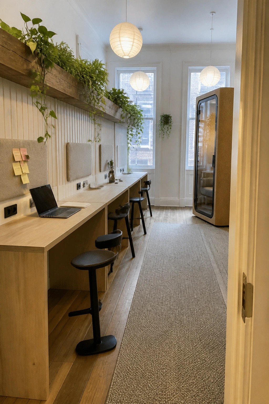 Modern office with long wooden desk, black stools, hanging plants, and paper lanterns.