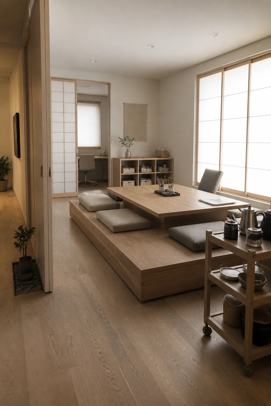 Minimalist Japanese room with low wooden table, gray cushions, shoji screens, and tea cart.