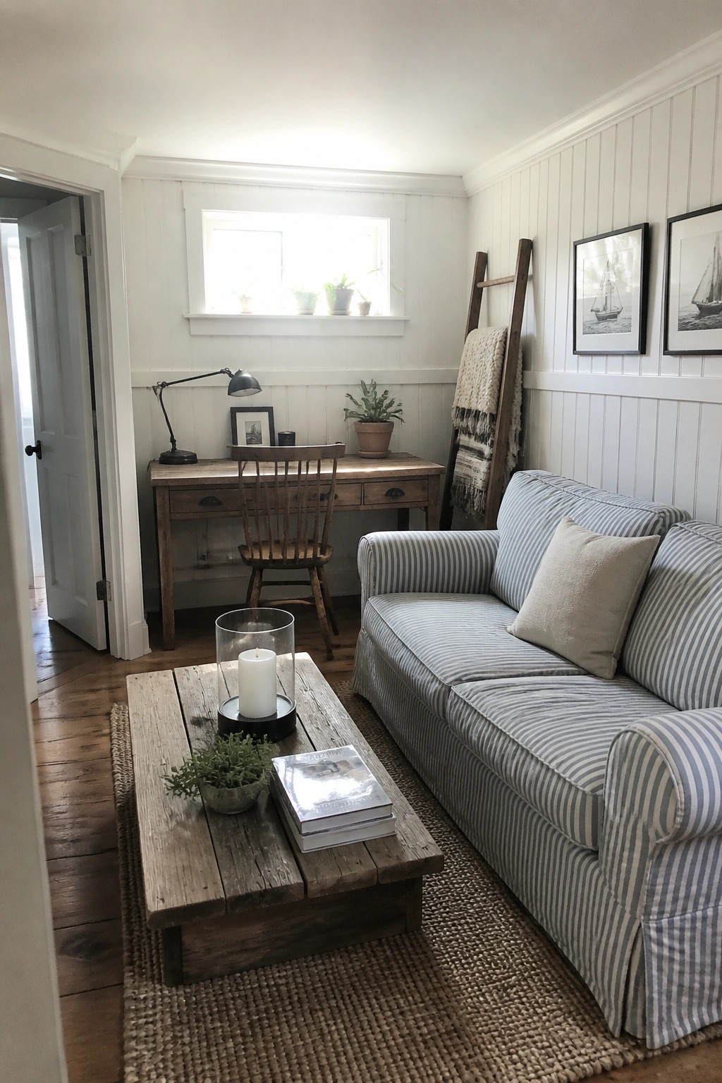 A living room featuring a striped sofa, wooden coffee table on a jute rug, and a wooden desk with chair placed against the wall under a window.