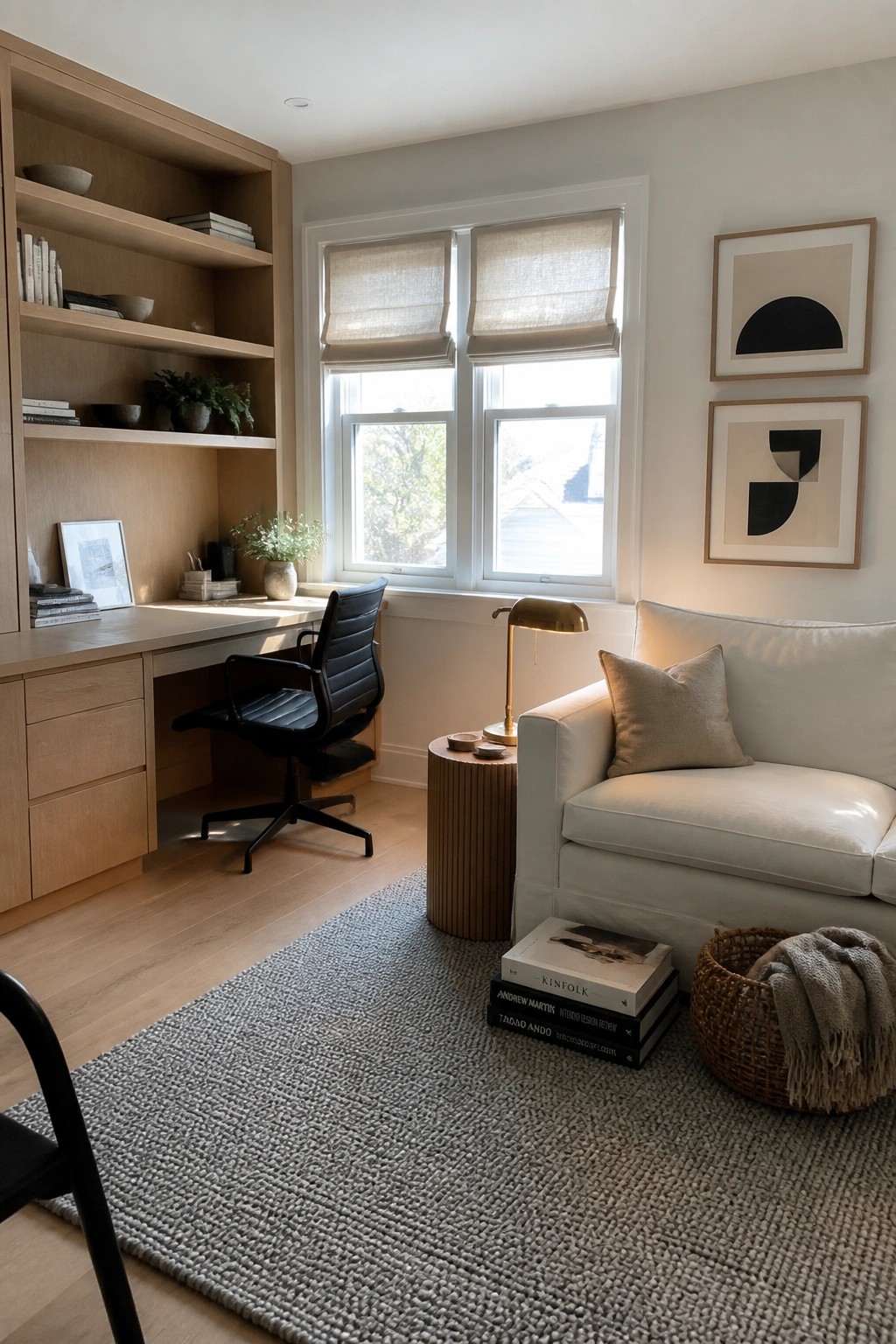 A living room featuring a built-in light wood desk with shelves, a black office chair, a white sofa, and a large window with rolled shades between them.