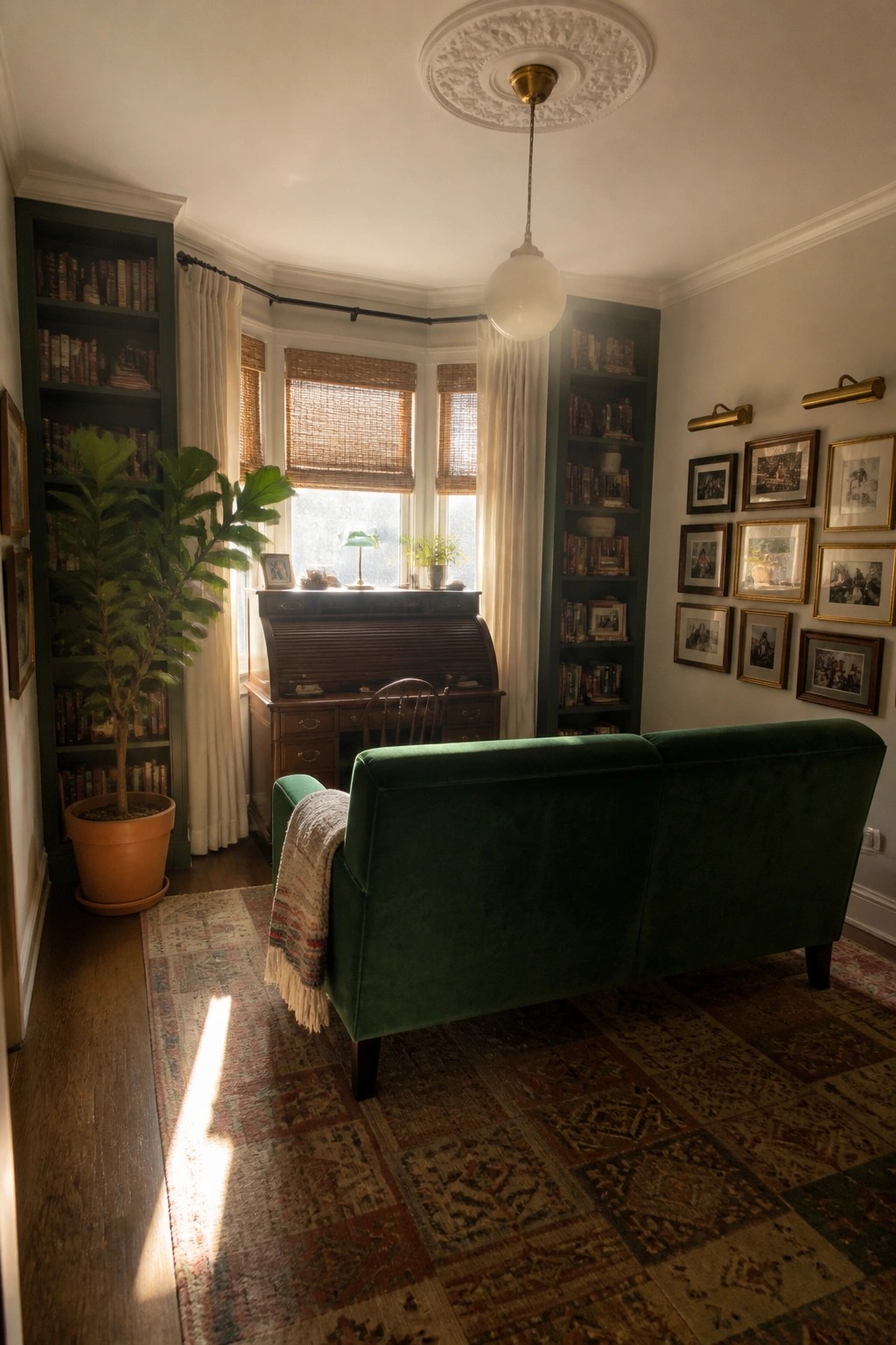 A living room interior with dark built-in bookshelves flanking a wooden desk in a bay window, a green velvet sofa in the foreground, and a large potted plant on the left.