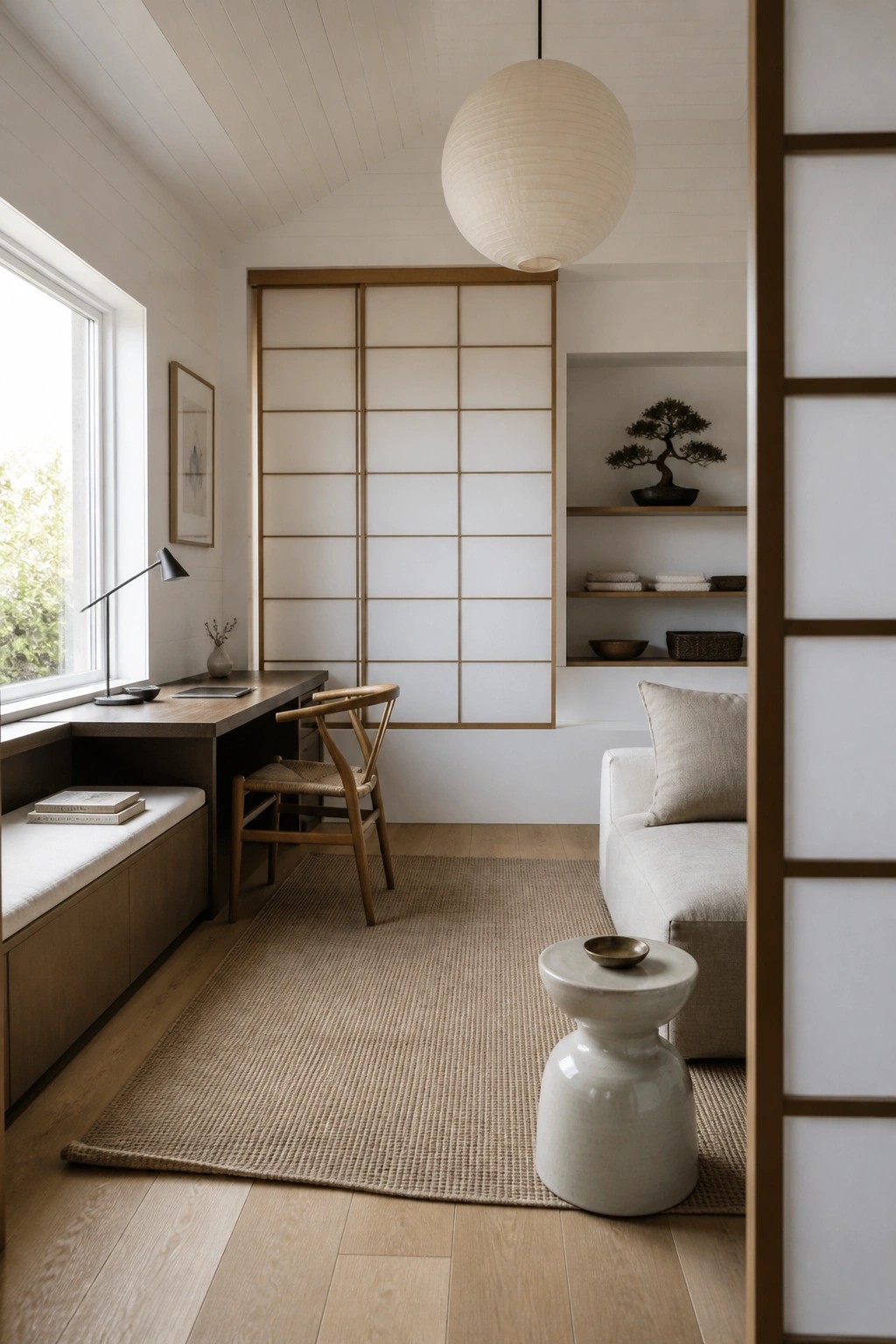 Minimalist Japanese room with shoji doors, bonsai shelf, desk, chair, and paper lantern.