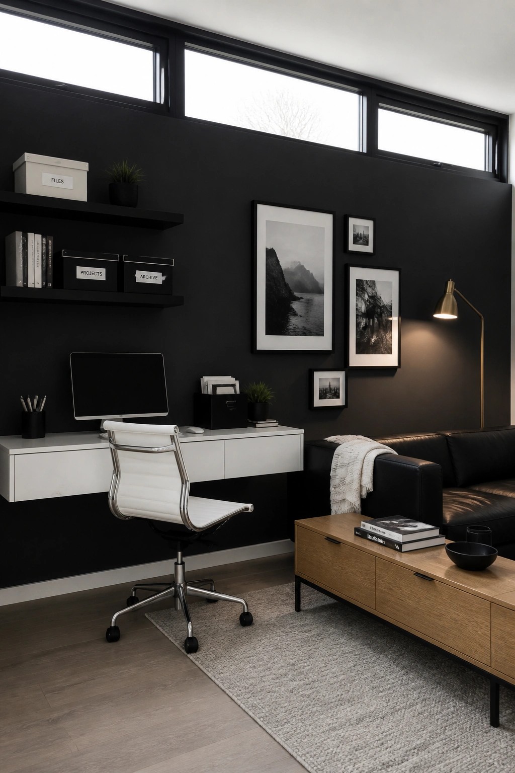 A modern interior with a white desk and office chair on the left, a black leather sofa on the right, black walls, white floating shelves with storage boxes, and several framed black and white photos above a wooden console.