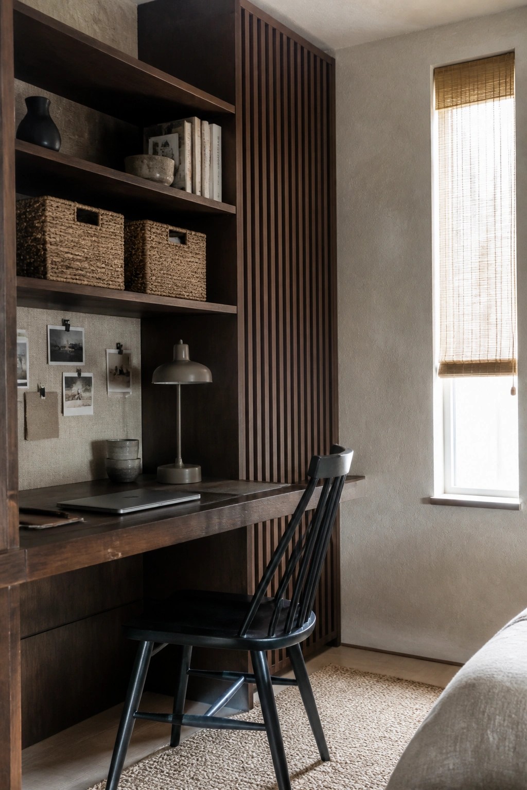 A compact wooden built-in desk with overhead shelves holding woven baskets and books, a black spindle chair, and a window with a woven blind nearby.
