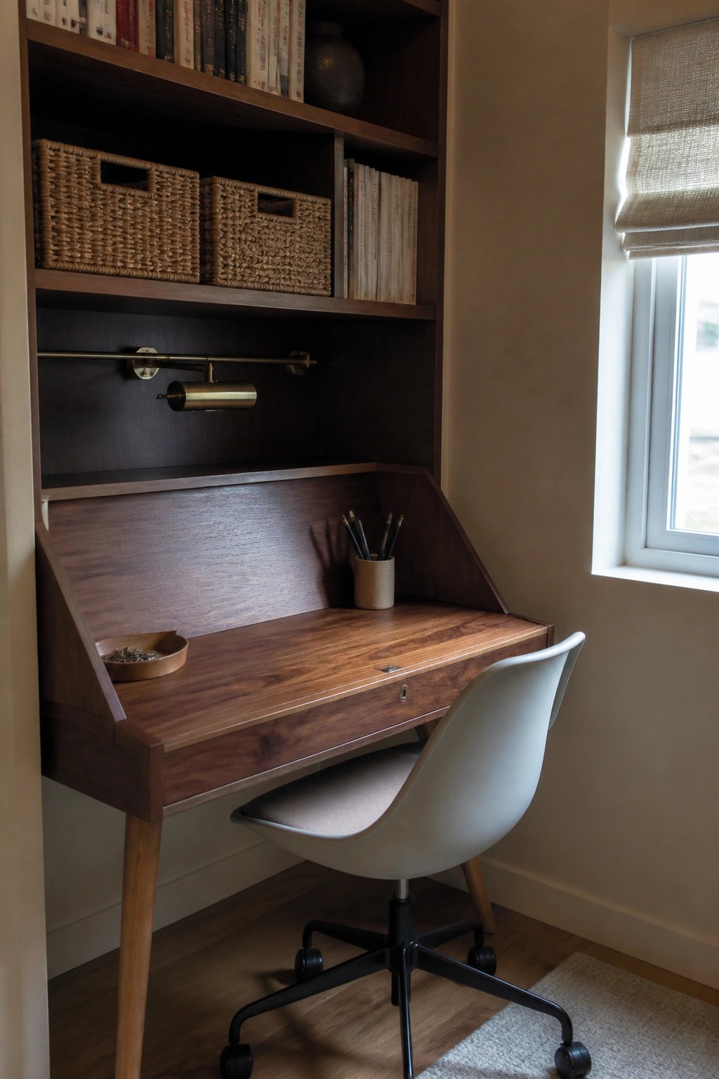 A wooden built-in desk with upper shelves, woven baskets, books, and a white office chair sits in a small room beside a window.