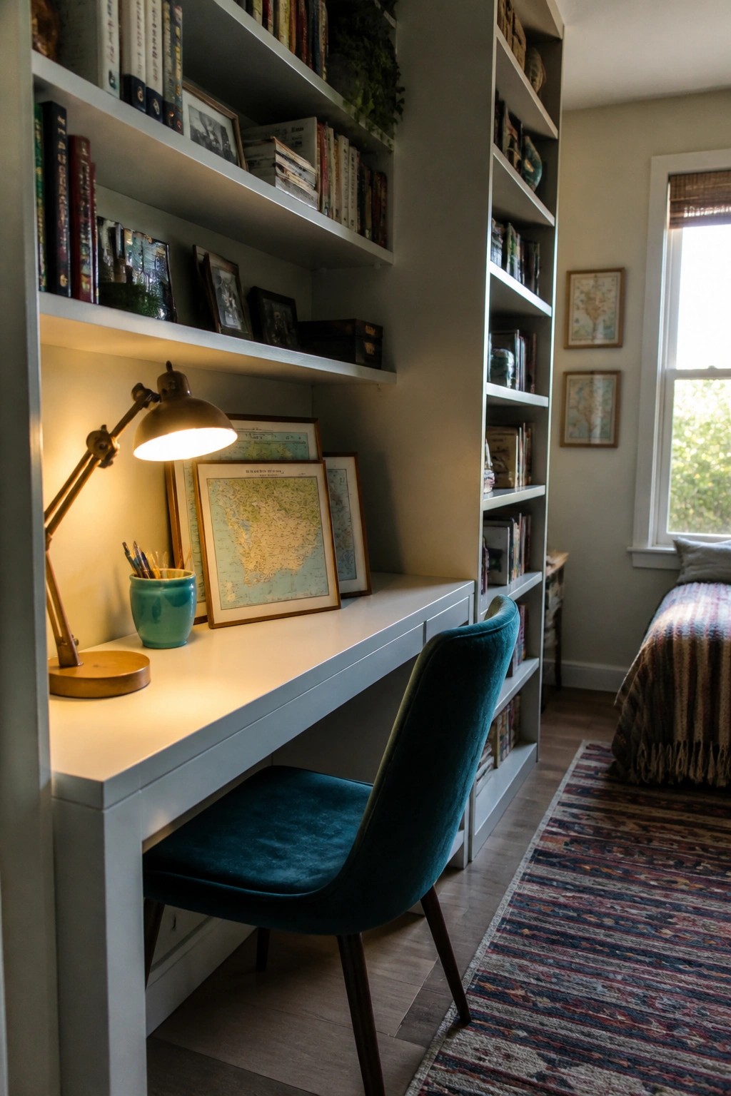 A compact home office with a white built-in desk and surrounding shelves, a teal upholstered chair, and a lit brass desk lamp.