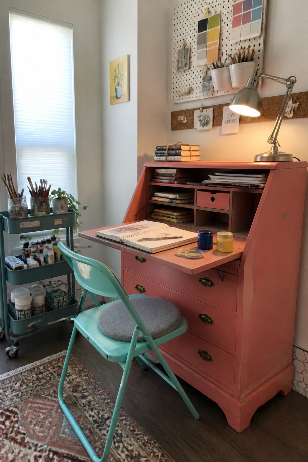 Coral art desk with open sketchbook, turquoise chair, teal cart, and pegboard.