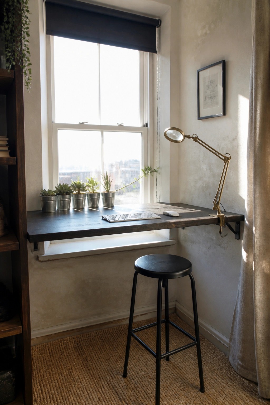 Dark wooden desk under window with succulents, keyboard, brass lamp, and black stool