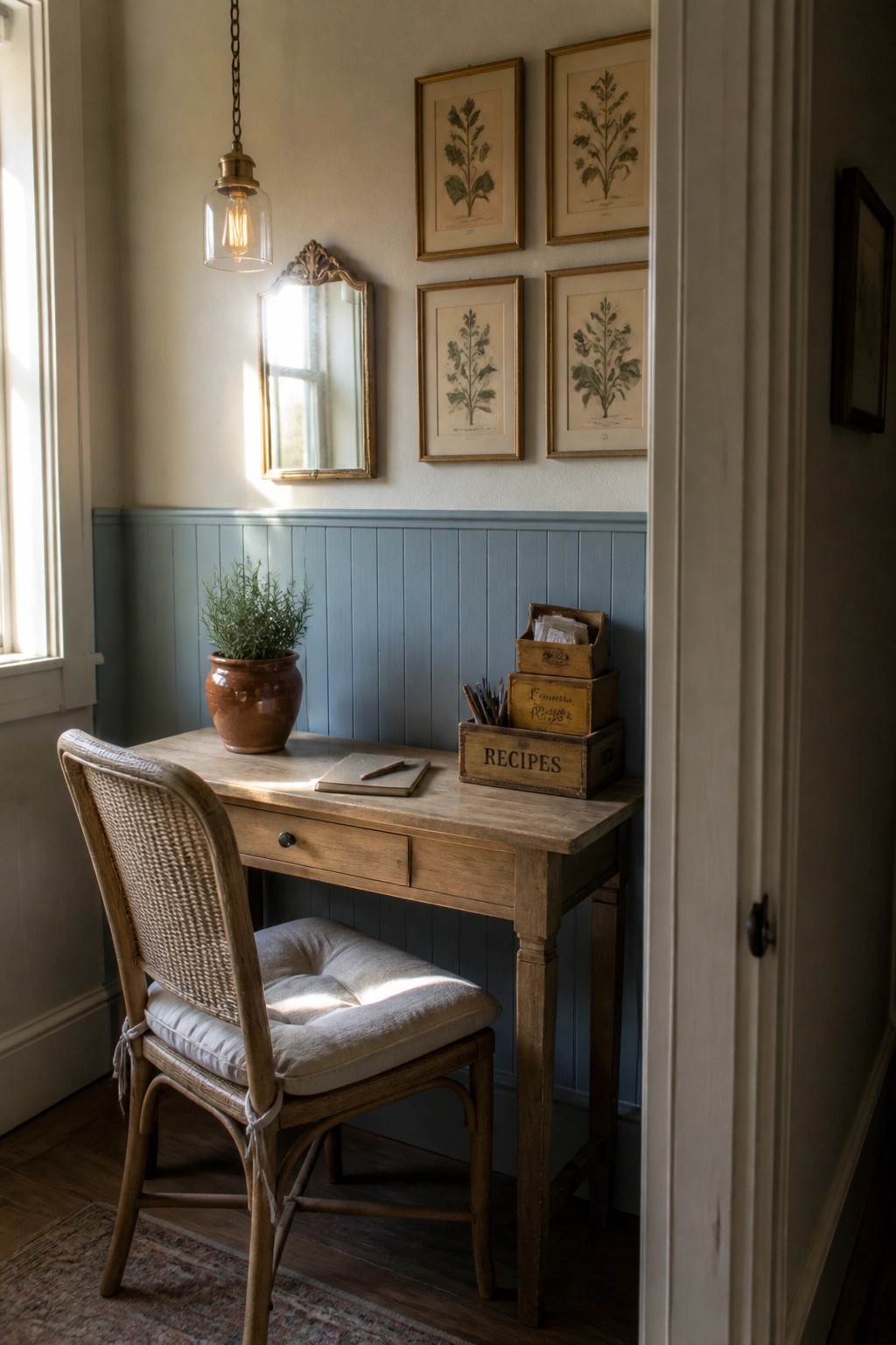 A small wooden desk with a woven chair is positioned in a corner against blue wainscoting, with framed botanical prints on the wall above and a potted plant on the desk surface.