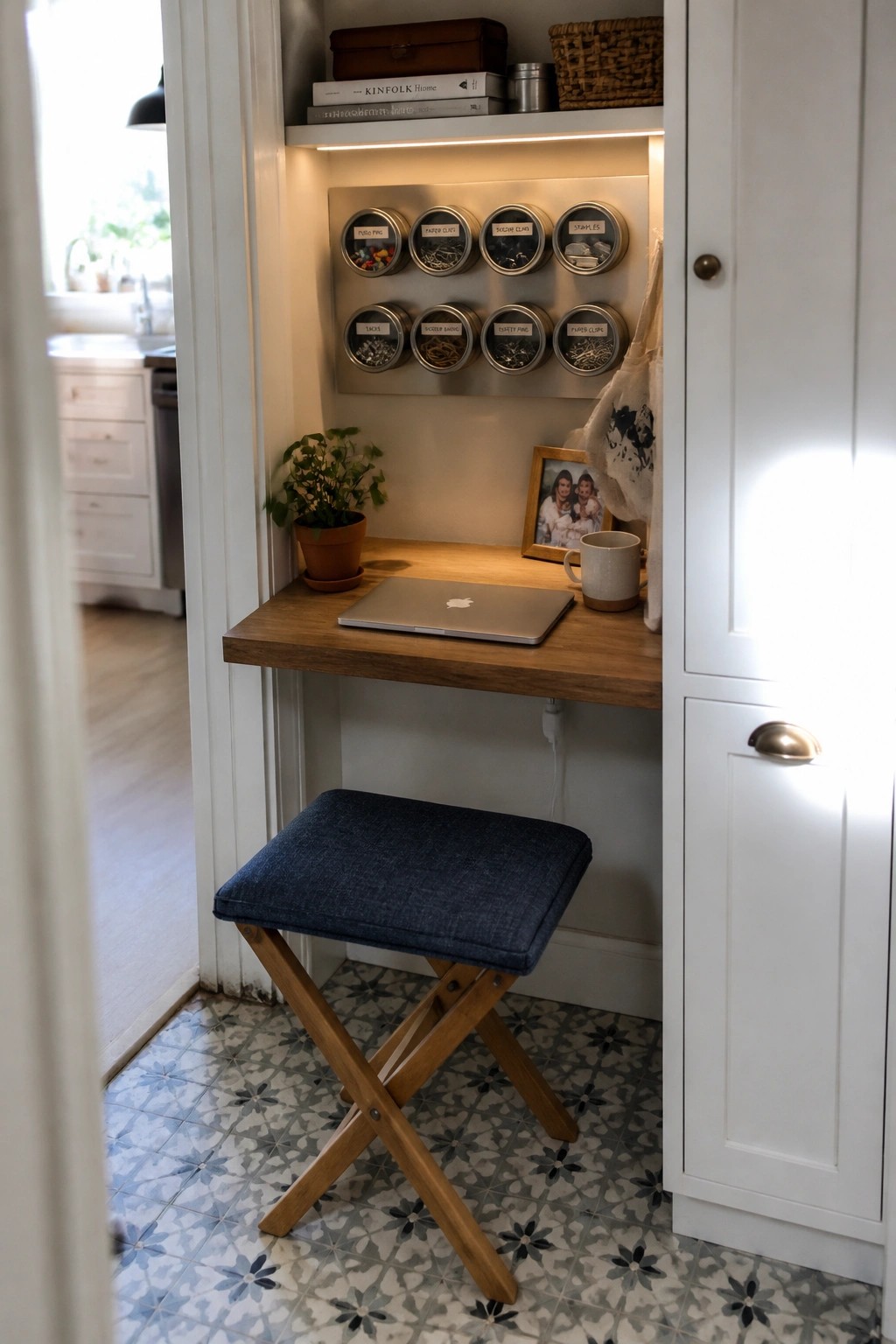 A compact wooden desk built into a white closet alcove, with round metal storage jars mounted on the back wall, a laptop on the desk surface, and a blue cushioned stool on patterned tile flooring.