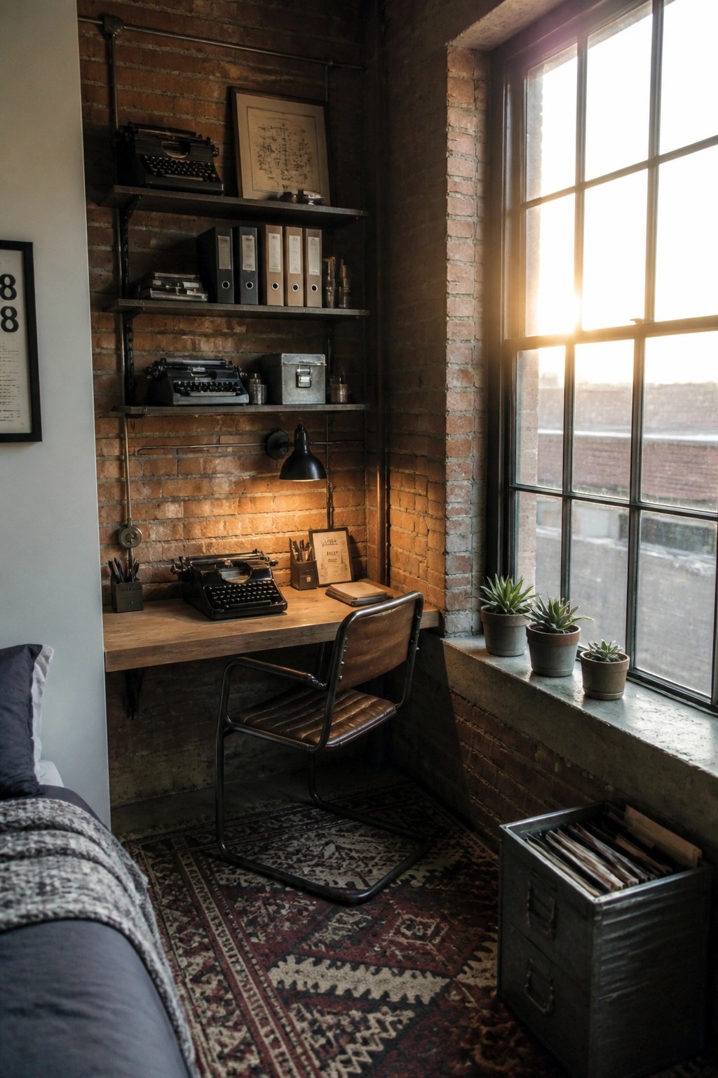 Vintage typewriter on wooden desk in brick-walled room with sunlit window.
