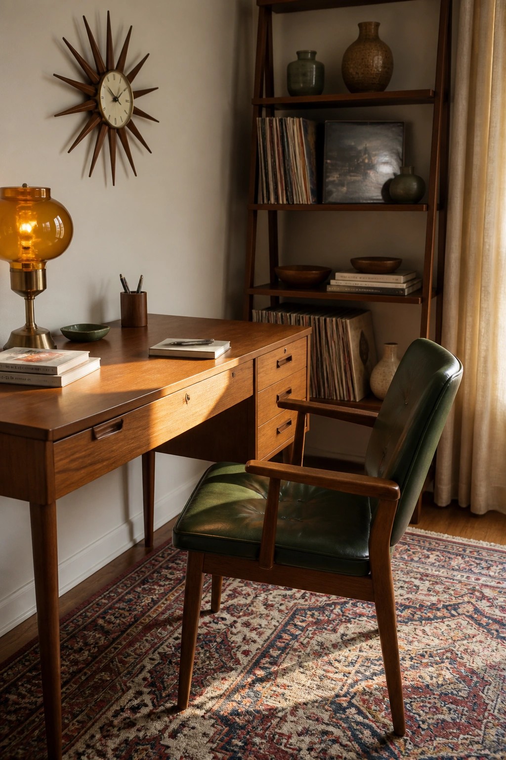 A wooden desk with a green leather armchair sits on a patterned rug in front of a tall wooden bookshelf, with an amber glass lamp on the desk and a sunburst clock on the wall above.