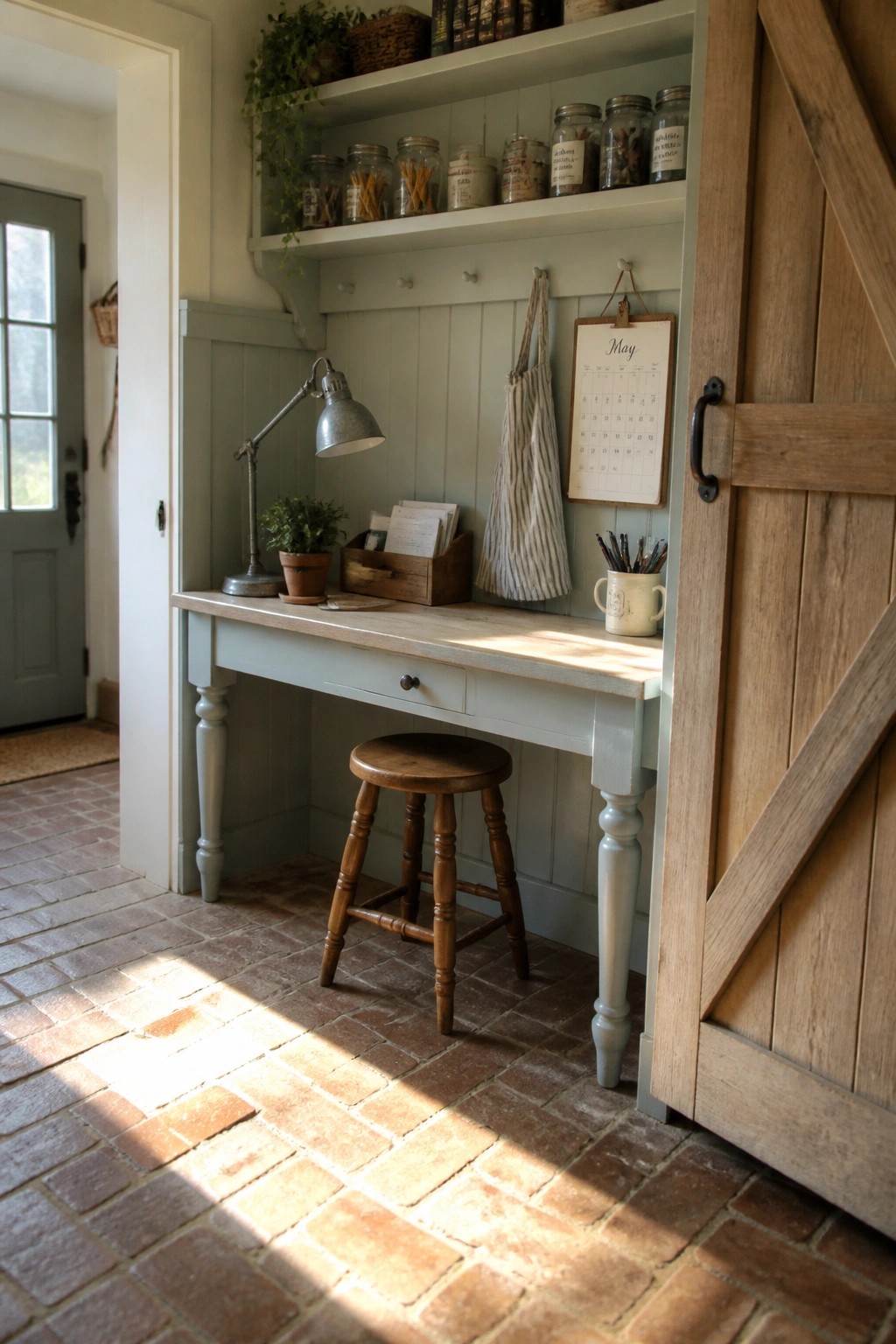 A light blue built-in desk with a wooden top and stool underneath, open shelves above holding glass jars and plants, next to a wooden door.
