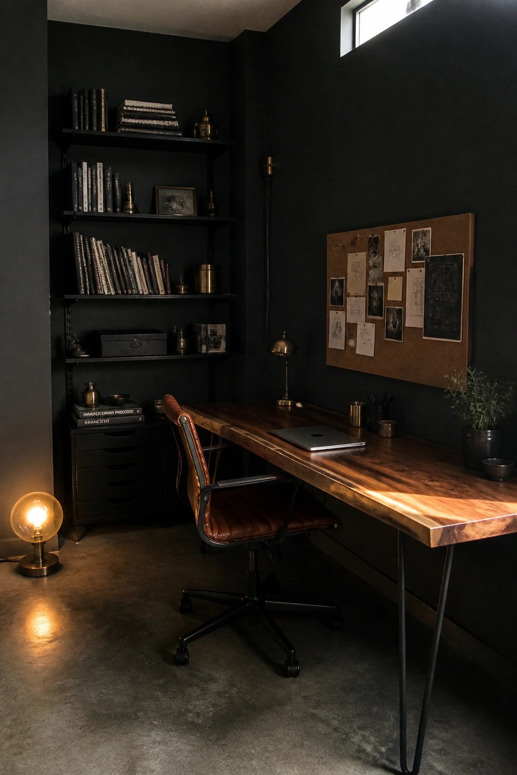A home office with dark walls, a wooden desk, brown leather office chair, black shelves with books, and a corkboard on the wall.