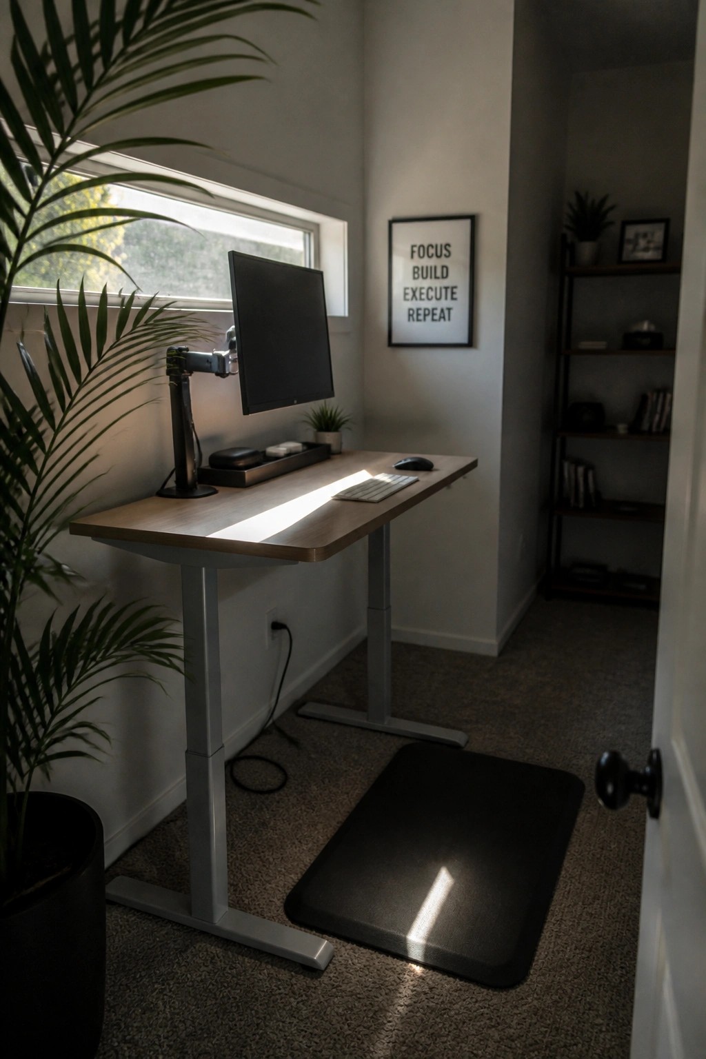 Standing desk with monitor, keyboard, and black mat in sunlit home office.