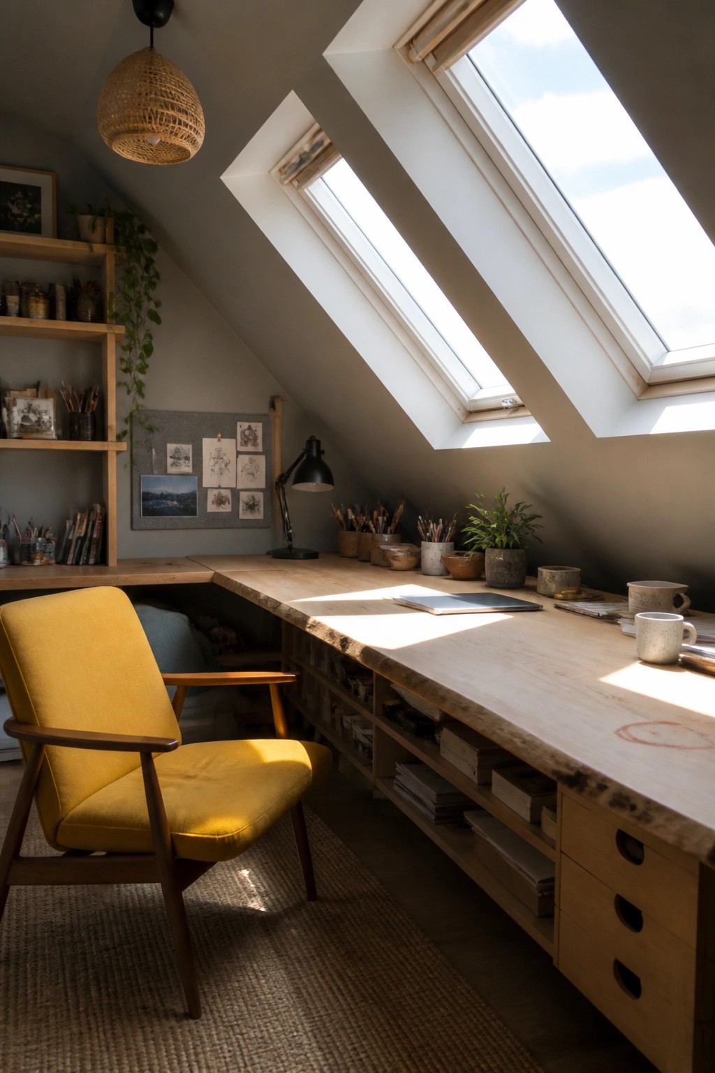 A long wooden desk runs beneath skylights in an attic room, with a yellow upholstered chair positioned in front and open shelving below.