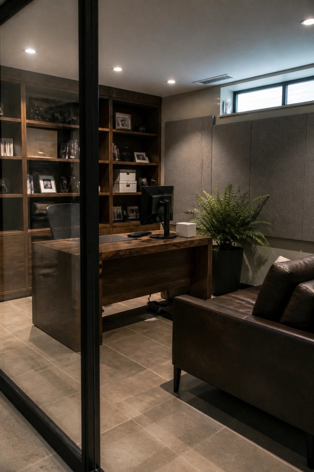 A home office interior showing a wooden desk with a computer monitor in front of built-in dark wood shelving filled with books and framed photos, viewed through a glass door with a leather chair in the foreground.