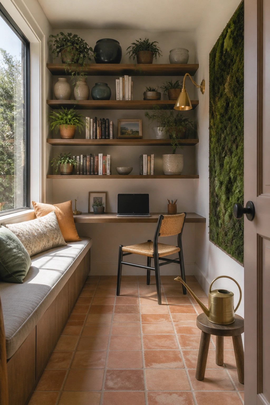 A narrow interior room with built-in wooden shelves above a desk, a cushioned window seat on the left, a woven chair at the desk, and a green moss wall on the right.