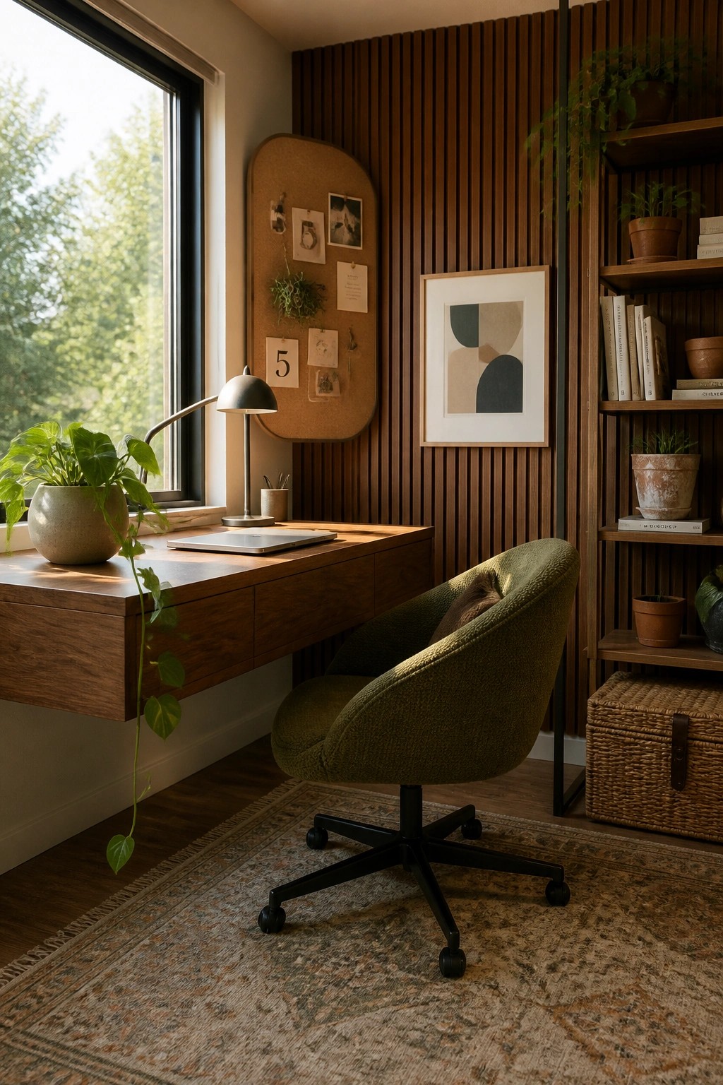 A modern home office with a floating wooden desk under a large window, a green upholstered swivel chair on a patterned rug, and a wood accent wall with a corkboard and framed art.