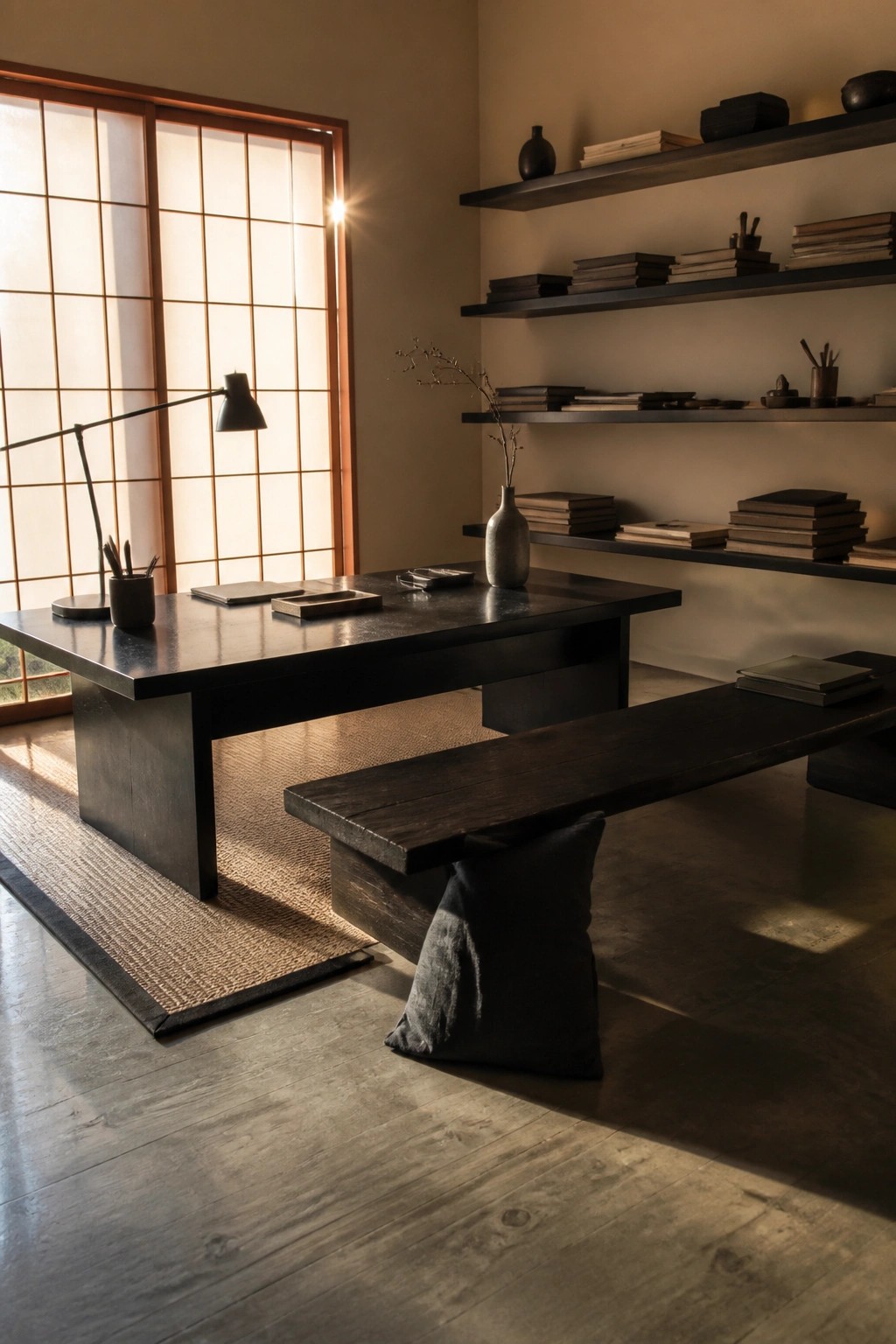 A dark wood low desk with a matching bench, floor cushion, and wall shelves in a room with a shoji screen window.