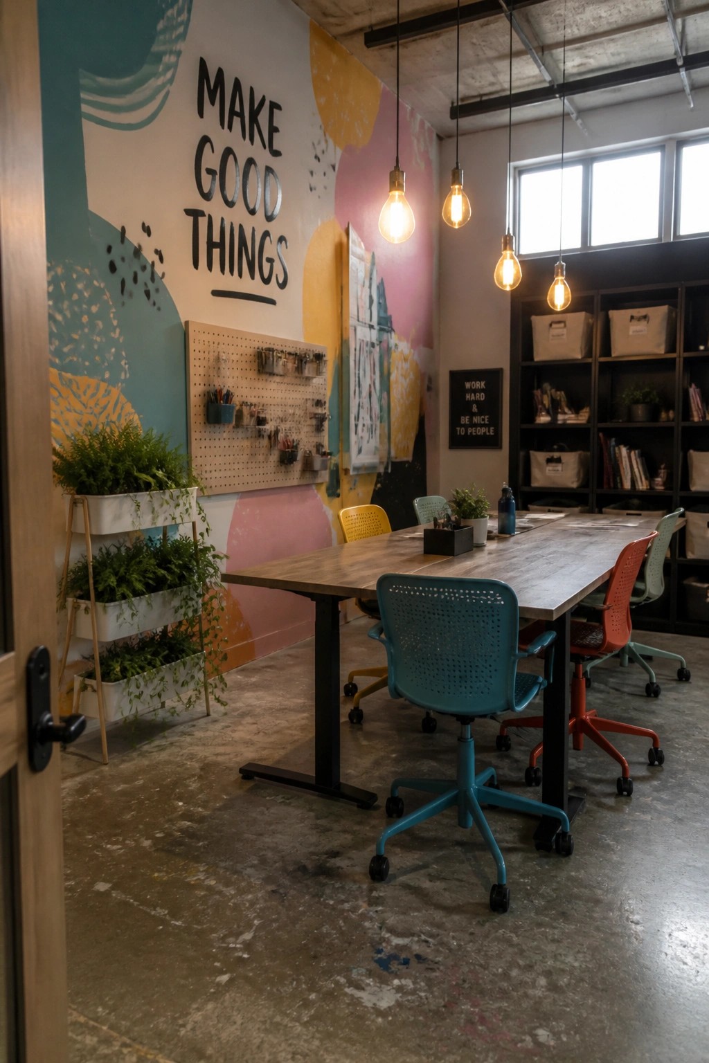 Interior view of a modern office with a long wooden table and several colorful plastic chairs in teal, red, yellow, and green arranged around it, next to a large abstract mural wall.