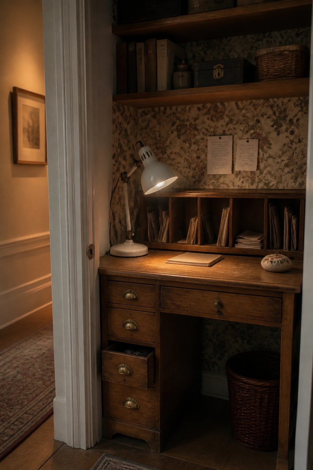A wooden desk with drawers and a lit white lamp sits inside a closet alcove lined with floral wallpaper and upper shelves.