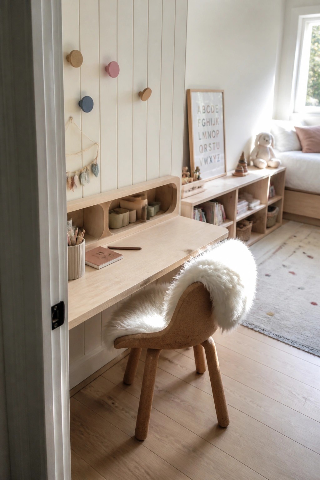 A light wood desk built into a closet alcove with open shelves above, wall pegs, and a small chair in front.