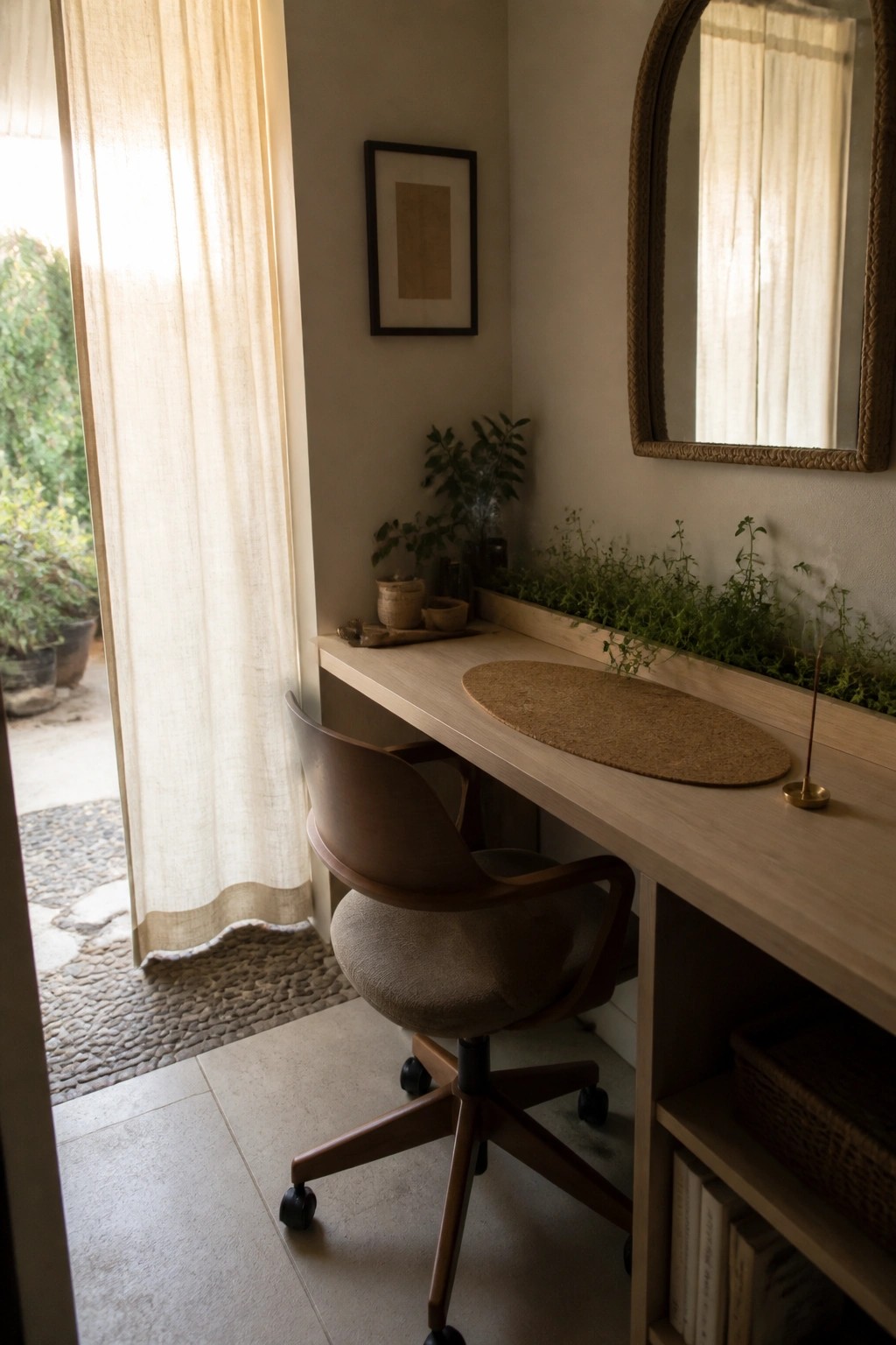 Wooden desk with swivel chair beside open door, plants, and woven mirror in neutral tones.