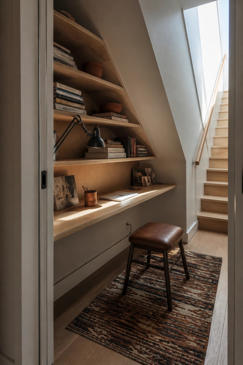 A wooden built-in desk and open shelves filled with books inside a small interior space next to a staircase, with a brown stool on a patterned rug.