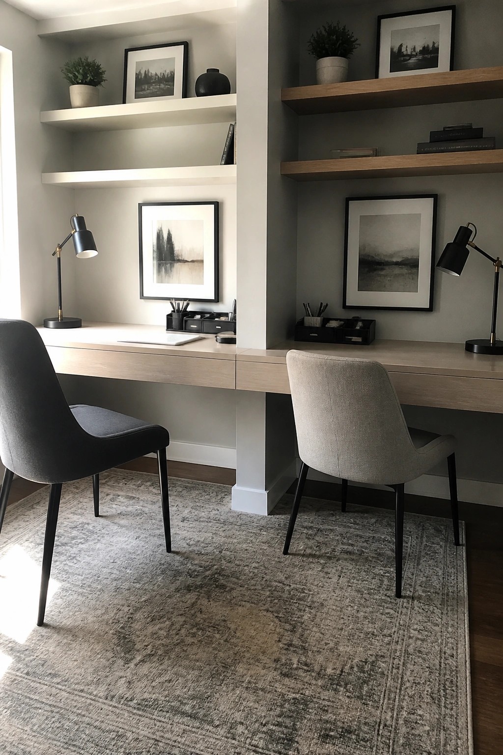 Two side-by-side built-in desks with floating shelves above, each station including a chair, black desk lamp, and framed artwork on the wall.