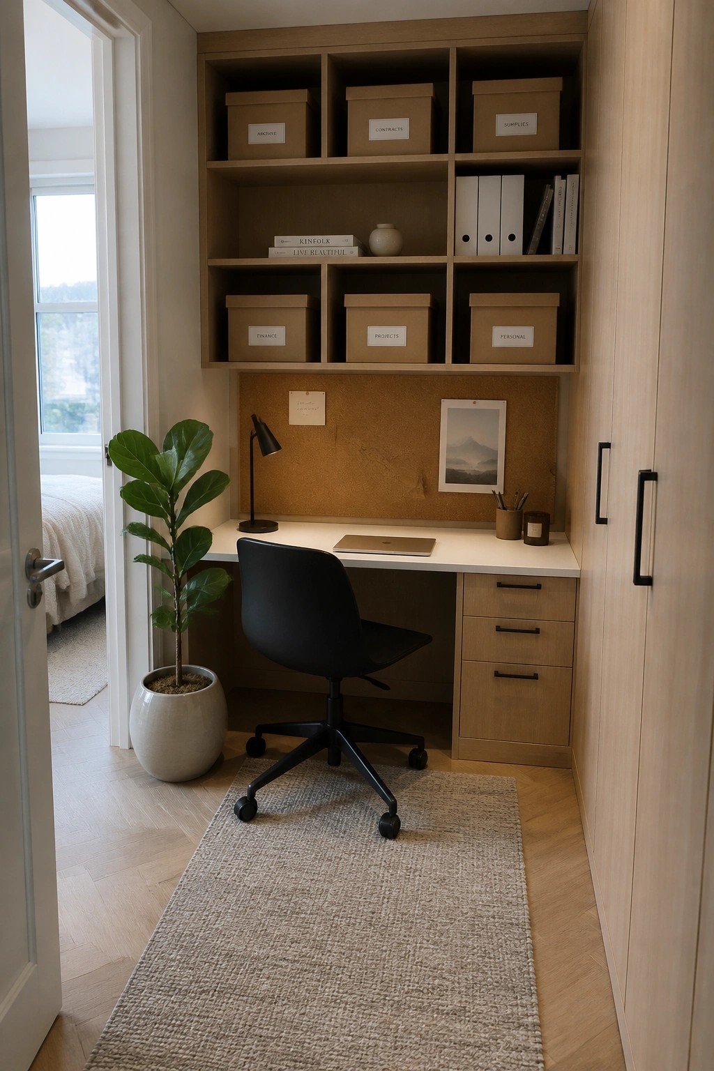 A closet converted into a home office with built-in light wood shelving, a white desk, black office chair, corkboard, and storage boxes on the shelves.